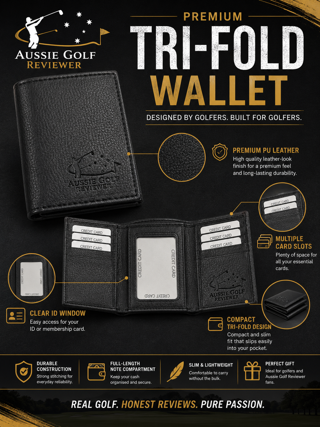 Aussie Golf Reviewer tri-fold wallet premium product infographic