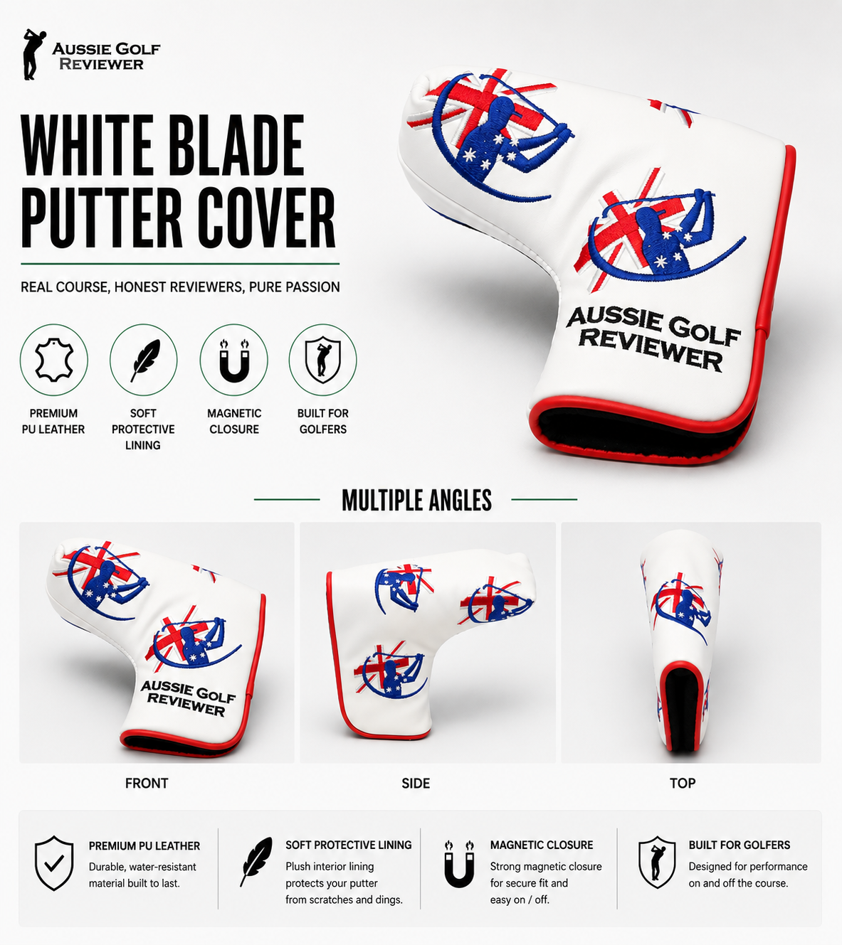 Aussie Golf Reviewer White Blade Putter Cover — Premium PU leather with magnetic closure and soft protective lining